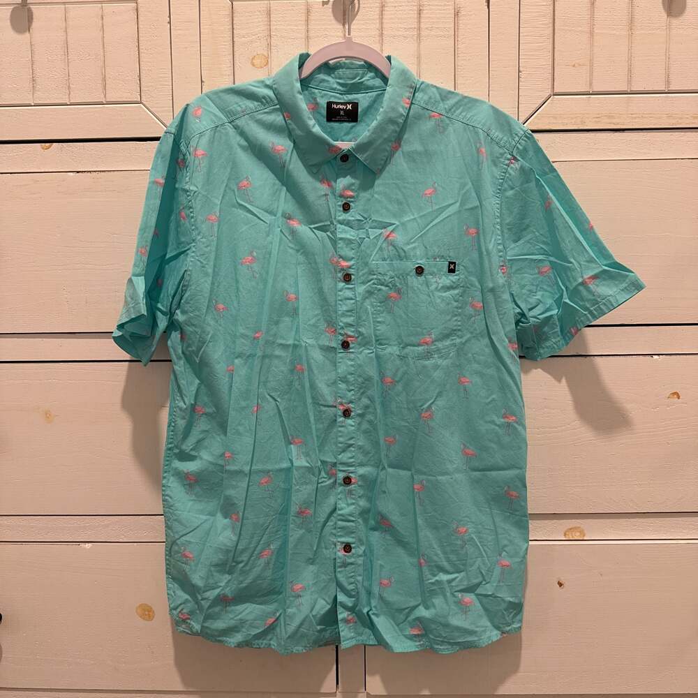 Hurley Men's Short Sleeve Teal Green Flamingo Print Button Up Shirt